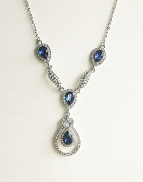 Blue Teardrop Crystal Necklace in Rhodium