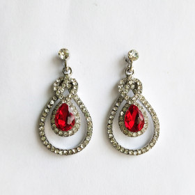 Red Teardrop Crystal Earring in Rhodium