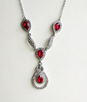 Red Teardrop Crystal Necklace in Rhodium