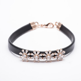 Clear CZ Bracelet in Brass with Black PU Leather in Rose Gold Plating