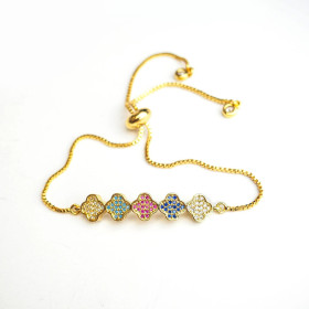 Adjustable Multi Colour Clover CZ Bracelet with Brass in Gold Plating