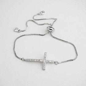 Adjustable Cross CZ Bracelet with Brass in Rhodium Plating
