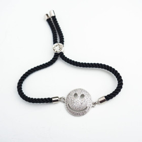 Adjustable Laughing Face CZ Bracelet with Black Rope in Rhodium