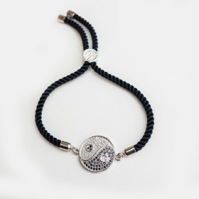 Adjustable Yin-Yang Eight Trigrams CZ Bracelet with Black Rope in Rhodium