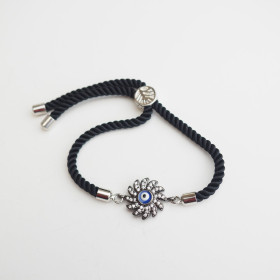 Adjustable Evil Eye CZ Bracelet with Black Rope in Gunmetal