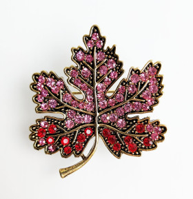 Rose/Lt Siam Crystal Maple Leaf Brooch