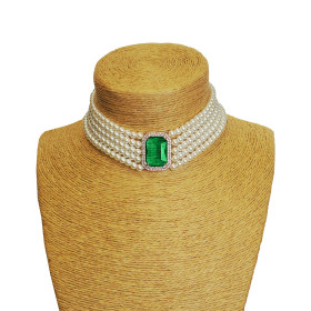 Victorian Five Strand Pearl Choker with Emerald Centerpiece