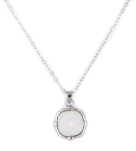 Square Birthstone White Opal Necklace In Rhodium Plating
