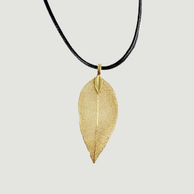 Natural Leaf Short Necklace with Black Cord in Gold Plating