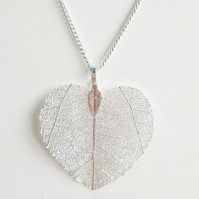 Natural Leaf Long Heart Necklace in  Silver