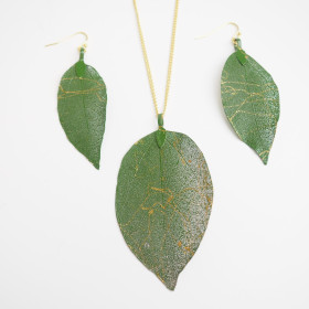 Green Natural Leaf Neckalce and Earring Set in Cardboard Gift Box