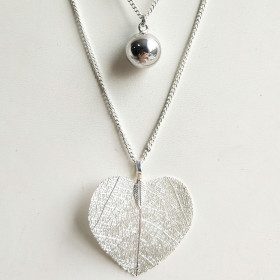 Natural Heart Leaf & Ball Two-layers Necklace in Silver