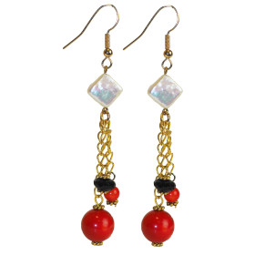 Square Pearl and Coral Stones Mixed Earring in Gold