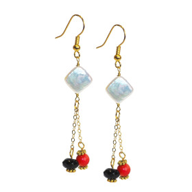 Square Pearl and Coral Stone Earring in Gold